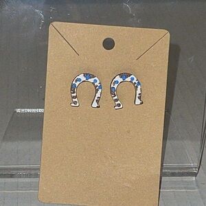 Blue Floral Horseshoe Stud Earrings - Women's Fashion Jewelry